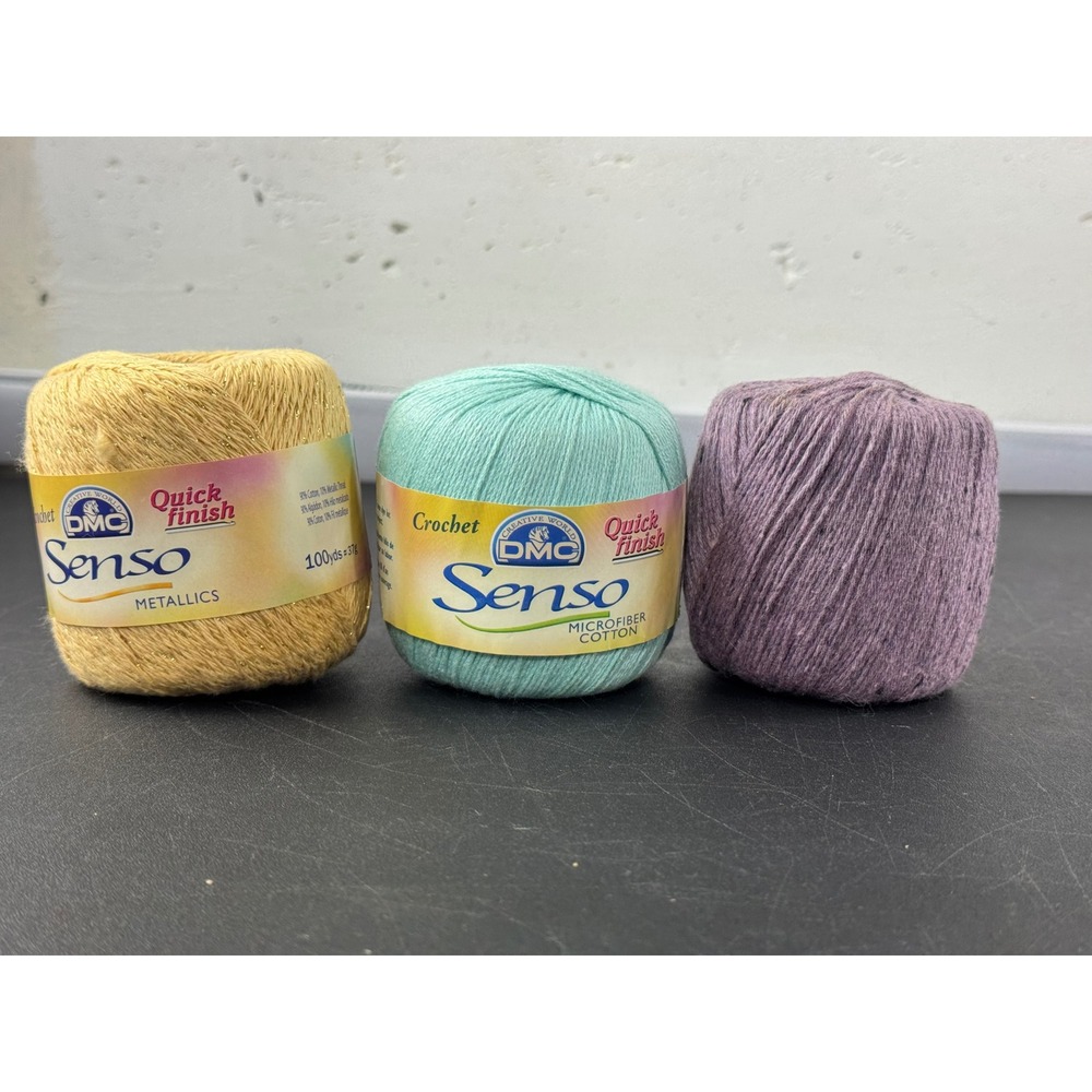 DMC Senso Crochet Cotton Thread Lot Gold‎ Metallics Aqua Microfiber Purple 3pc